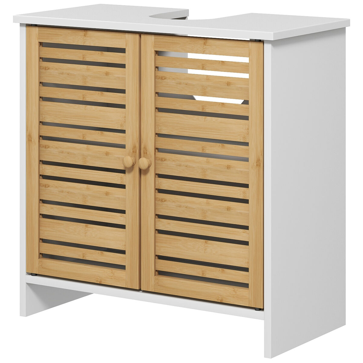 Mueble para debajo del lavabo moderno con puertas magnéticas de bambú y estante ajustable 60x30x60 cm blanco y natural