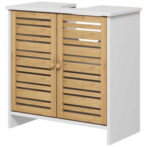 Armário moderno para pia com portas magnéticas de bambu e prateleira ajustável, 60x30x60 cm, branco e natural