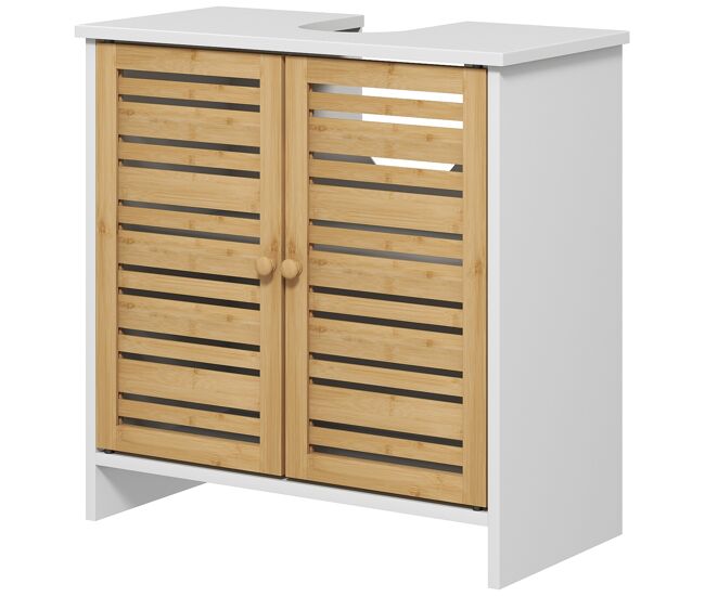 Mueble para debajo del lavabo moderno con puertas magnéticas de bambú y estante ajustable 60x30x60 cm blanco y natural