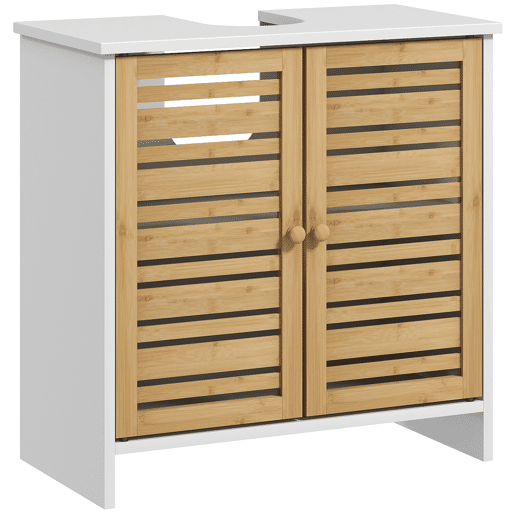 Armário moderno para pia com portas magnéticas de bambu e prateleira ajustável, 60x30x60 cm, branco e natural