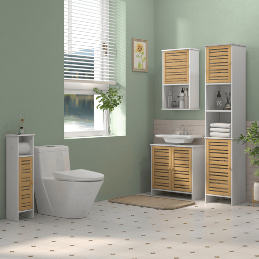 Armário moderno para pia com portas magnéticas de bambu e prateleira ajustável, 60x30x60 cm, branco e natural
