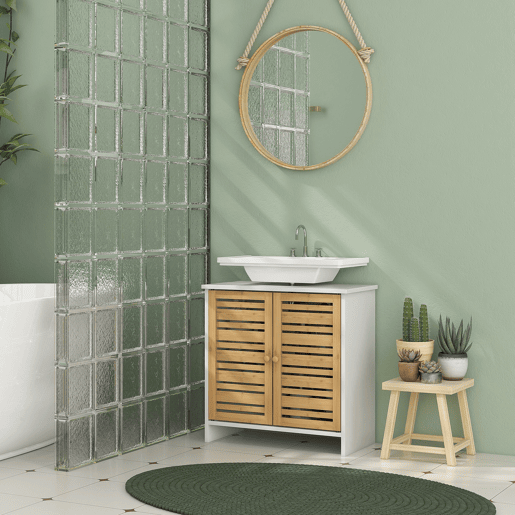 Armário moderno para pia com portas magnéticas de bambu e prateleira ajustável, 60x30x60 cm, branco e natural