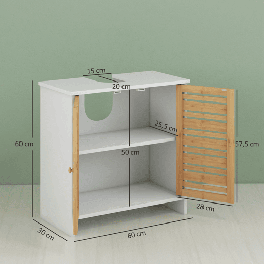 Armário moderno para pia com portas magnéticas de bambu e prateleira ajustável, 60x30x60 cm, branco e natural
