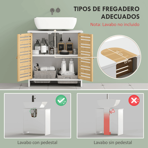 Armário moderno para pia com portas magnéticas de bambu e prateleira ajustável, 60x30x60 cm, branco e natural