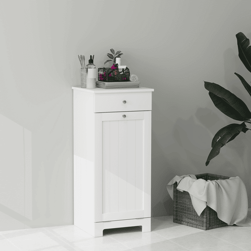 Armário de banheiro com cesto de roupa dobrável, lavanderia com saco de tecido dobrável e gaveta, branco, 40x38x90 cm Armário de banheiro com cesto de roupa dobrável, lavanderia com saco de tecido dobrável e gaveta, branco, 40x38x90 cm
