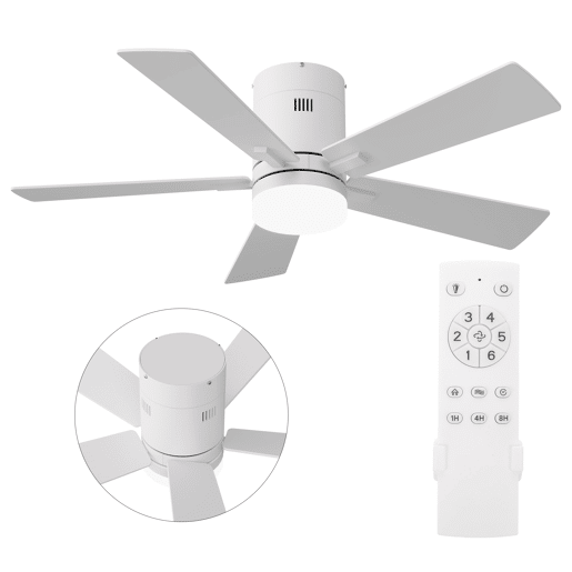 Ventoinha de teto com luz totalmente branca 42 polegadas, 5 pás, motor DC silencioso, montagem baixa com comando à distância Ventoinha de teto com luz totalmente branca 42 polegadas, 5 pás, motor DC silencioso, montagem baixa com comando à distância