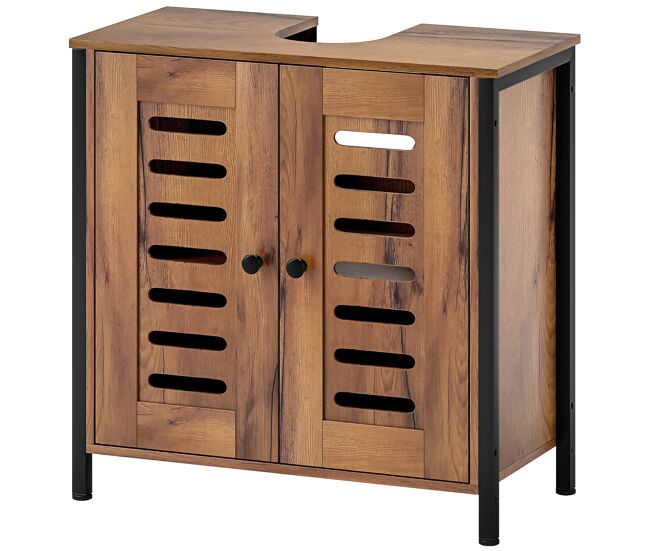Mueble bajo lavabo industrial 2 puertas de lamas con cierre magnético estante ajustable 60x30x60 cm marrón rústico