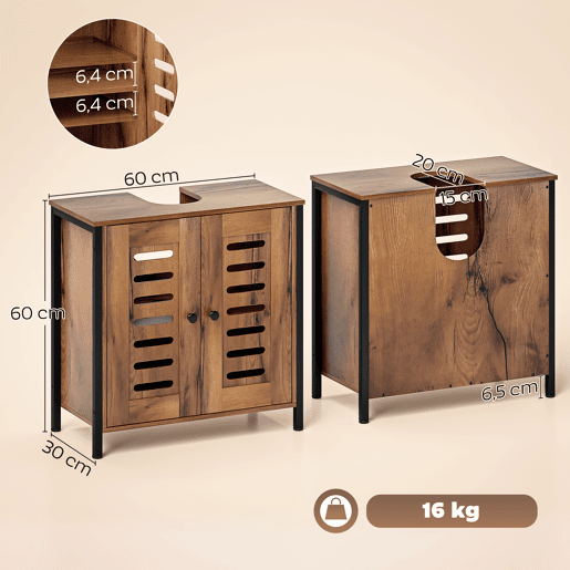 Armário industrial para pia com 2 portas ripadas com fecho magnético e prateleira ajustável, 60x30x60 cm, marrom rústico
