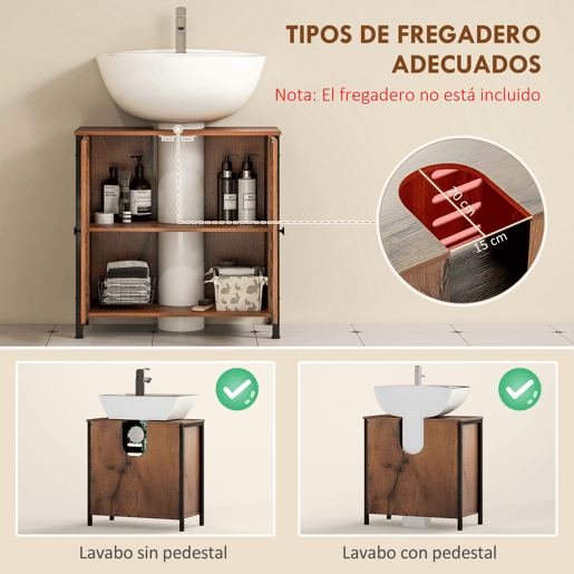 Armário industrial para pia com 2 portas ripadas com fecho magnético e prateleira ajustável, 60x30x60 cm, marrom rústico