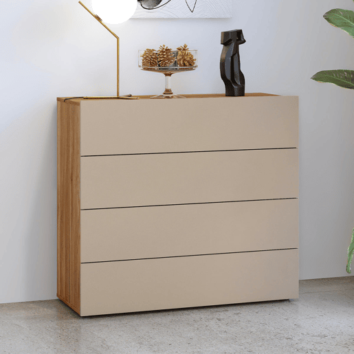 Cómoda com 4 gavetas Iséa, em cinzento-acastanhado e madeira Cómoda com 4 gavetas Iséa, em cinzento-acastanhado e madeira