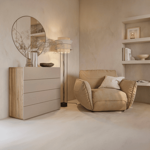 Cómoda com 4 gavetas Iséa, em cinzento-acastanhado e madeira Cómoda com 4 gavetas Iséa, em cinzento-acastanhado e madeira