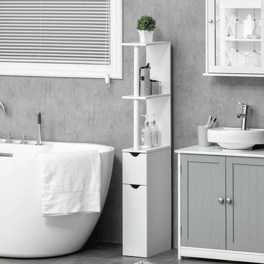 Armário de banheiro com portas e prateleiras abertas, estilo moderno, 15,2 x 29,8 x 118 cm, branco Armário de banheiro com portas e prateleiras abertas, estilo moderno, 15,2 x 29,8 x 118 cm, branco