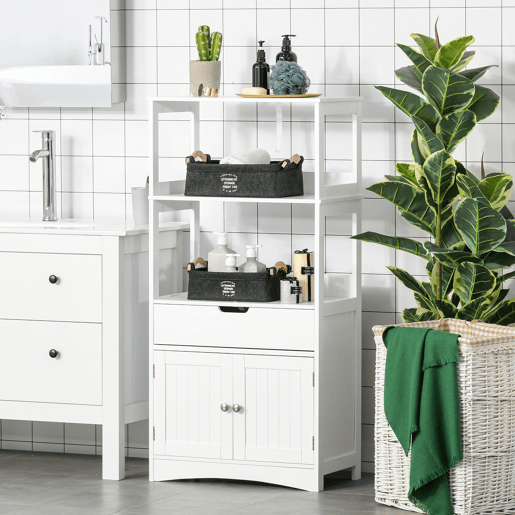 Armário de banheiro com 3 prateleiras, gaveta e 2 portas, móvel de chão moderno para cozinha, quarto e sala de estar, 60x33x122,5 cm, branco Armário de banheiro com 3 prateleiras, gaveta e 2 portas, móvel de chão moderno para cozinha, quarto e sala de estar, 60x33x122,5 cm, branco