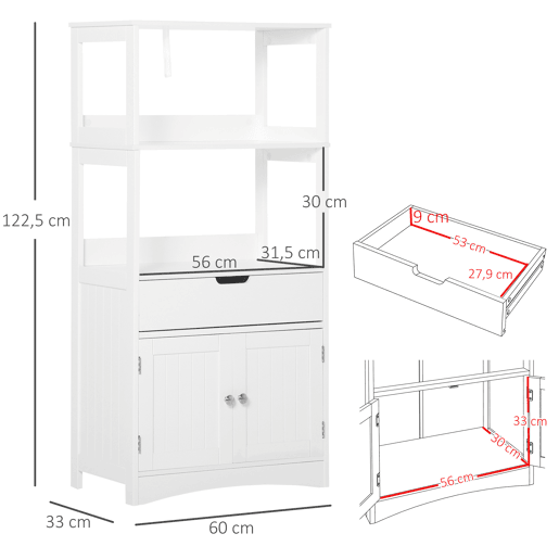 Armário de banheiro com 3 prateleiras, gaveta e 2 portas, móvel de chão moderno para cozinha, quarto e sala de estar, 60x33x122,5 cm, branco Armário de banheiro com 3 prateleiras, gaveta e 2 portas, móvel de chão moderno para cozinha, quarto e sala de estar, 60x33x122,5 cm, branco