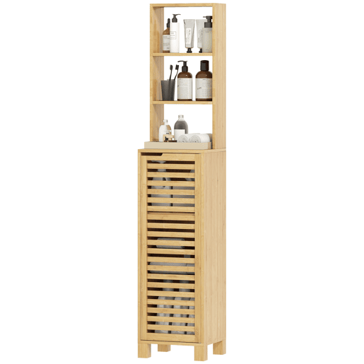 Armário de banheiro alto e estreito em bambu com 3 prateleiras abertas, porta ripada, prateleiras ajustáveis, 34x30x170 cm, natural Armário de banheiro alto e estreito em bambu com 3 prateleiras abertas, porta ripada, prateleiras ajustáveis, 34x30x170 cm, natural