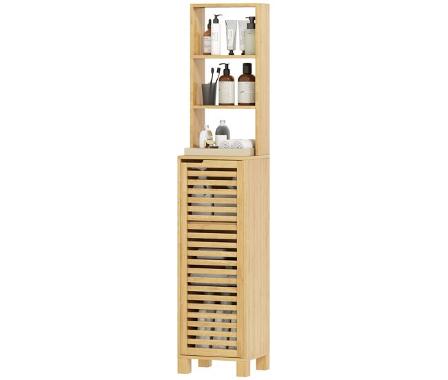 Armario de baño alto de bambú estrecha con 3 estantes abiertos puerta de lamas baldas ajustables 34x30x170 cm natural
