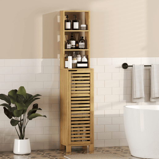 Armário de banheiro alto e estreito em bambu com 3 prateleiras abertas, porta ripada, prateleiras ajustáveis, 34x30x170 cm, natural Armário de banheiro alto e estreito em bambu com 3 prateleiras abertas, porta ripada, prateleiras ajustáveis, 34x30x170 cm, natural