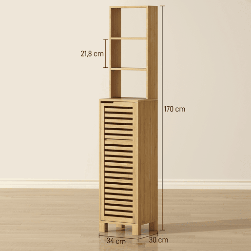 Armário de banheiro alto e estreito em bambu com 3 prateleiras abertas, porta ripada, prateleiras ajustáveis, 34x30x170 cm, natural Armário de banheiro alto e estreito em bambu com 3 prateleiras abertas, porta ripada, prateleiras ajustáveis, 34x30x170 cm, natural