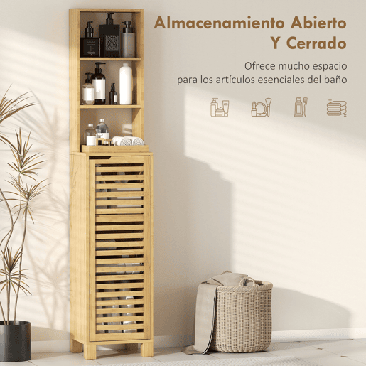 Armário de banheiro alto e estreito em bambu com 3 prateleiras abertas, porta ripada, prateleiras ajustáveis, 34x30x170 cm, natural Armário de banheiro alto e estreito em bambu com 3 prateleiras abertas, porta ripada, prateleiras ajustáveis, 34x30x170 cm, natural