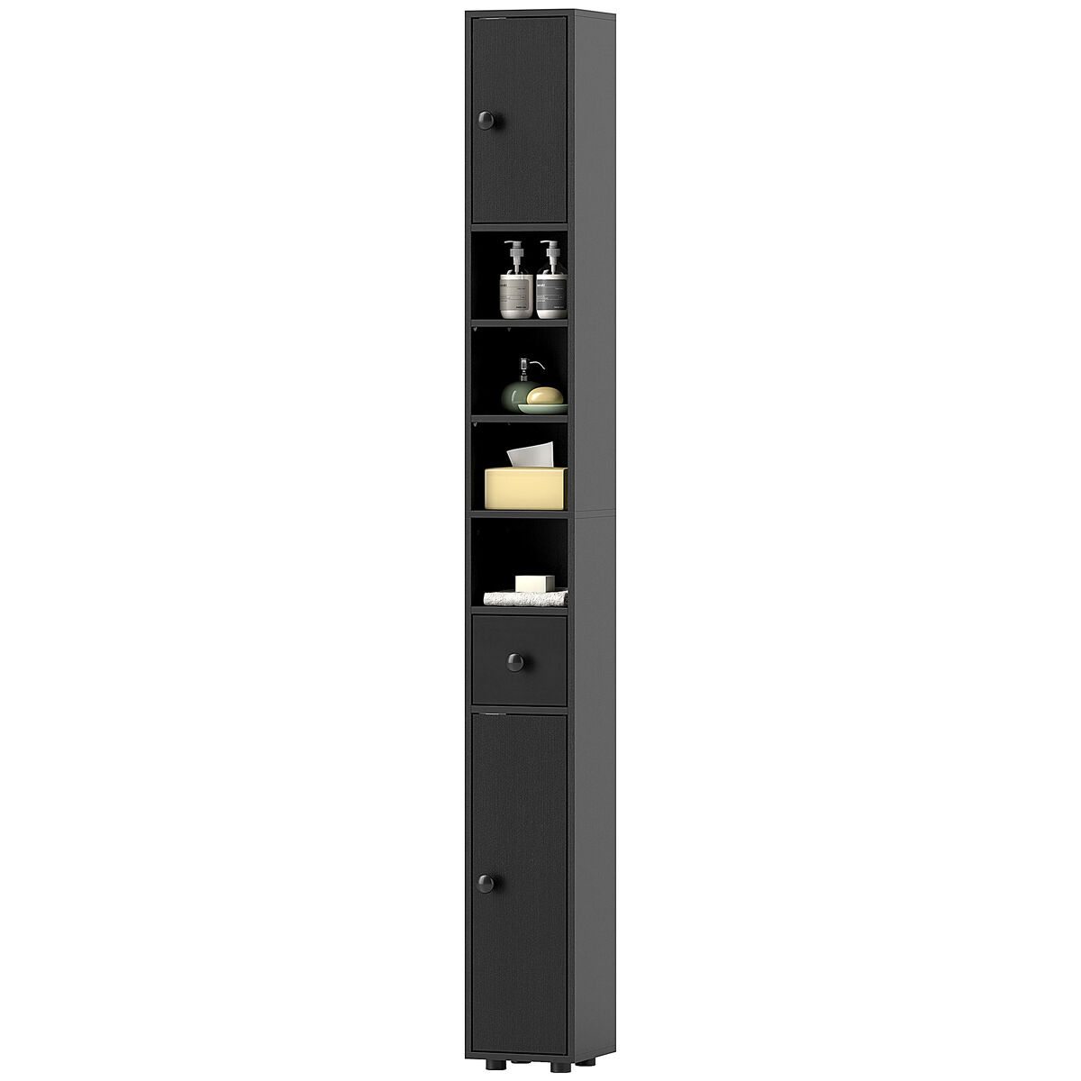 Armario de baño alto columna de baño estrecha con 1 cajón 4 estantes abiertos y estantes ajustables 20x20x180 cm negro