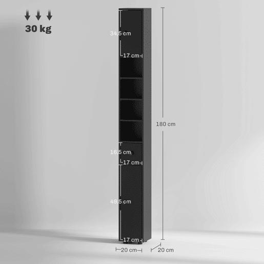 Armário alto para banheiro, coluna estreita com 1 gaveta, 4 prateleiras abertas e prateleiras ajustáveis, 20x20x180 cm, preto Armário alto para banheiro, coluna estreita com 1 gaveta, 4 prateleiras abertas e prateleiras ajustáveis, 20x20x180 cm, preto