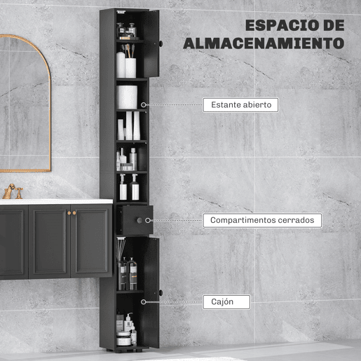 Armário alto para banheiro, coluna estreita com 1 gaveta, 4 prateleiras abertas e prateleiras ajustáveis, 20x20x180 cm, preto Armário alto para banheiro, coluna estreita com 1 gaveta, 4 prateleiras abertas e prateleiras ajustáveis, 20x20x180 cm, preto
