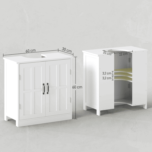Armário para banheiro sob a pia com porta dupla e prateleira ajustável, capacidade de carga de 20 kg, 60x30x60 cm, branco Armário para banheiro sob a pia com porta dupla e prateleira ajustável, capacidade de carga de 20 kg, 60x30x60 cm, branco
