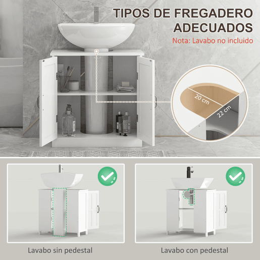 Armário para banheiro sob a pia com porta dupla e prateleira ajustável, capacidade de carga de 20 kg, 60x30x60 cm, branco Armário para banheiro sob a pia com porta dupla e prateleira ajustável, capacidade de carga de 20 kg, 60x30x60 cm, branco