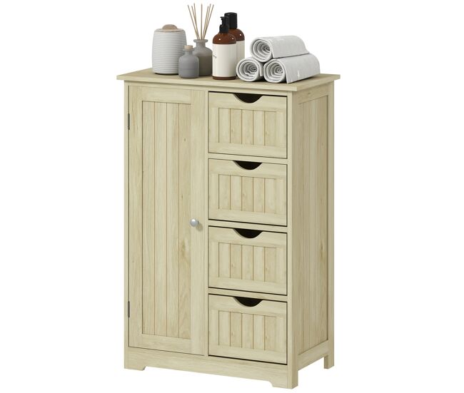 Armario de baño columna de baño estrecha con 4 cajones y estante ajustable estilo moderno 56x30x83 cm madera natural