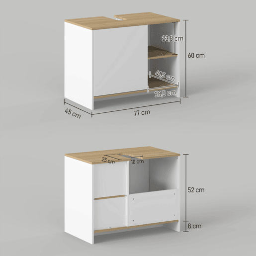 Armário para pia, móvel de banheiro moderno com compartimentos e porta, 77x45x60 cm, branco e natural