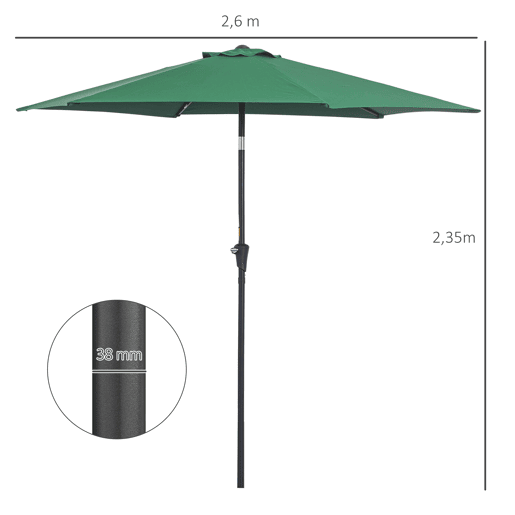 Guarda-sol de jardim em alumínio Ø260x235 cm, reclinável, com manivela e 6 varetas de metal, ideal para terraços e varandas. Cor verde. Guarda-sol de jardim em alumínio Ø260x235 cm, reclinável, com manivela e 6 varetas de metal, ideal para terraços e varandas. Cor verde.