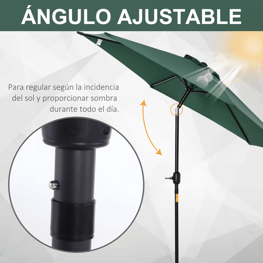Guarda-sol de jardim em alumínio Ø260x235 cm, reclinável, com manivela e 6 varetas de metal, ideal para terraços e varandas. Cor verde. Guarda-sol de jardim em alumínio Ø260x235 cm, reclinável, com manivela e 6 varetas de metal, ideal para terraços e varandas. Cor verde.
