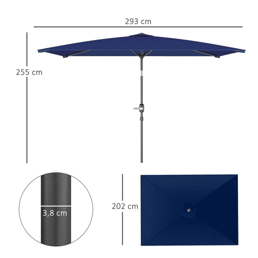 Guarda-sol retangular de alumínio para jardim, 202x293x255 cm, inclinável, com manivela e mastro removível, azul marinho. Guarda-sol retangular de alumínio para jardim, 202x293x255 cm, inclinável, com manivela e mastro removível, azul marinho.