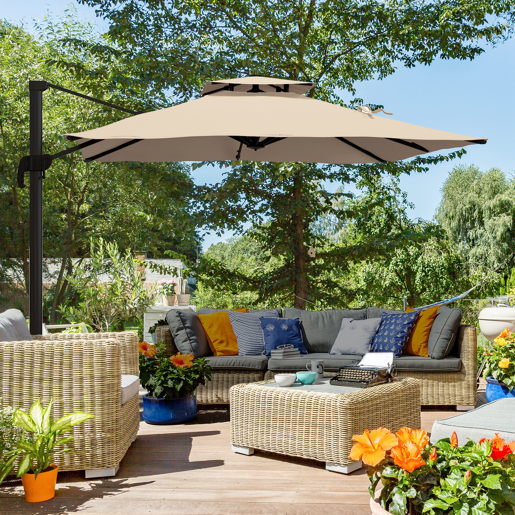 Guarda-sol de jardim 300x300 cm em alumínio com manivela, mastro giratório 360° e cobertura dupla inclinável, cor cáqui. Guarda-sol de jardim 300x300 cm em alumínio com manivela, mastro giratório 360° e cobertura dupla inclinável, cor cáqui.