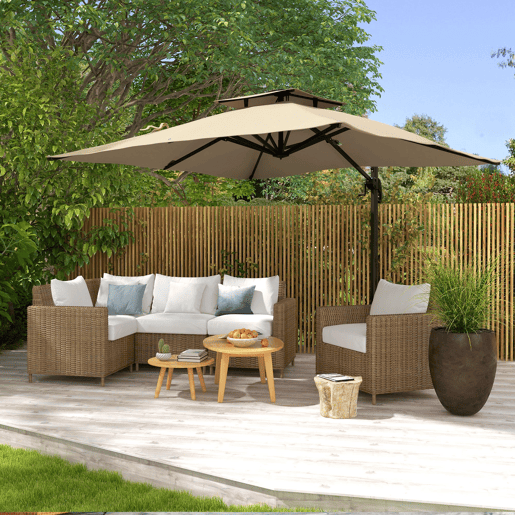 Guarda-sol de jardim 300x300 cm em alumínio com manivela, mastro giratório 360° e cobertura dupla inclinável, cor cáqui. Guarda-sol de jardim 300x300 cm em alumínio com manivela, mastro giratório 360° e cobertura dupla inclinável, cor cáqui.