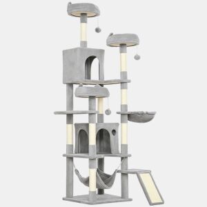 PawHut Árvore Arranhadora para Gatos 192 cm com 3 Camas, 2 Casinhas e 2 Redes, Cinzento-claro