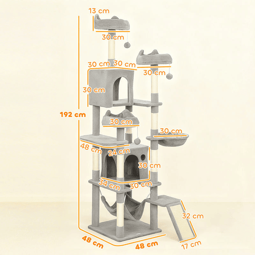 PawHut Árvore Arranhadora para Gatos 192 cm com 3 Camas, 2 Casinhas e 2 Redes, Cinzento-claro PawHut Árvore Arranhadora para Gatos 192 cm com 3 Camas, 2 Casinhas e 2 Redes, Cinzento-claro