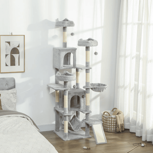 PawHut Árvore Arranhadora para Gatos 192 cm com 3 Camas, 2 Casinhas e 2 Redes, Cinzento-claro PawHut Árvore Arranhadora para Gatos 192 cm com 3 Camas, 2 Casinhas e 2 Redes, Cinzento-claro