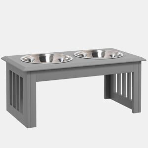 PawHut Comedouro Elevado para Cães com Suporte e 2 Tigelas Removíveis em Aço Inoxidável, para Comida e Água, 58,4x30,5x25,4 cm, Cinzento