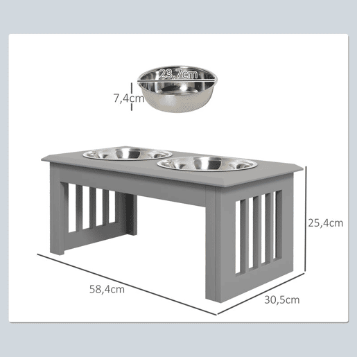 PawHut Comedouro Elevado para Cães com Suporte e 2 Tigelas Removíveis em Aço Inoxidável, para Comida e Água, 58,4x30,5x25,4 cm, Cinzento PawHut Comedouro Elevado para Cães com Suporte e 2 Tigelas Removíveis em Aço Inoxidável, para Comida e Água, 58,4x30,5x25,4 cm, Cinzento