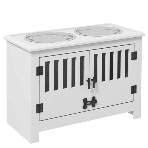 PawHut Comedouro Elevado para Cães com 2 Tigelas em Aço Inoxidável 2x2 L, Arrumação 37 L e 2 Portas com Trincos, Branco PawHut Comedouro Elevado para Cães com 2 Tigelas em Aço Inoxidável 2x2 L, Arrumação 37 L e 2 Portas com Trincos, Branco