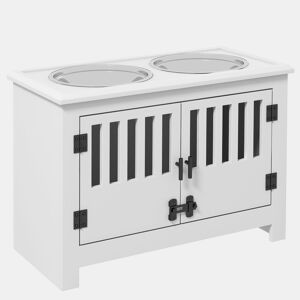 PawHut Comedouro Elevado para Cães com 2 Tigelas em Aço Inoxidável 2x2 L, Arrumação 37 L e 2 Portas com Trincos, Branco