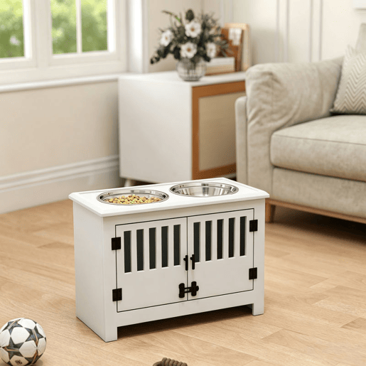 PawHut Comedouro Elevado para Cães com 2 Tigelas em Aço Inoxidável 2x2 L, Arrumação 37 L e 2 Portas com Trincos, Branco PawHut Comedouro Elevado para Cães com 2 Tigelas em Aço Inoxidável 2x2 L, Arrumação 37 L e 2 Portas com Trincos, Branco