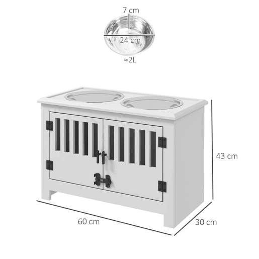 PawHut Comedouro Elevado para Cães com 2 Tigelas em Aço Inoxidável 2x2 L, Arrumação 37 L e 2 Portas com Trincos, Branco PawHut Comedouro Elevado para Cães com 2 Tigelas em Aço Inoxidável 2x2 L, Arrumação 37 L e 2 Portas com Trincos, Branco