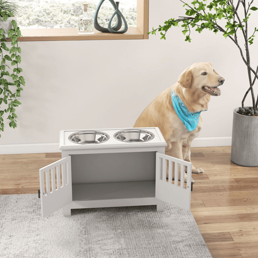 PawHut Comedouro Elevado para Cães com 2 Tigelas em Aço Inoxidável 2x2 L, Arrumação 37 L e 2 Portas com Trincos, Branco PawHut Comedouro Elevado para Cães com 2 Tigelas em Aço Inoxidável 2x2 L, Arrumação 37 L e 2 Portas com Trincos, Branco