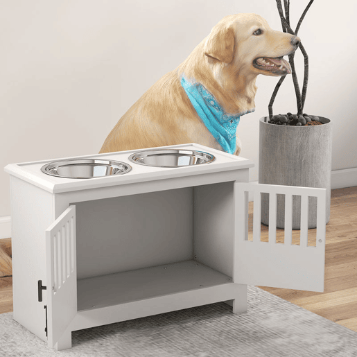 PawHut Comedouro Elevado para Cães com 2 Tigelas em Aço Inoxidável 2x2 L, Arrumação 37 L e 2 Portas com Trincos, Branco PawHut Comedouro Elevado para Cães com 2 Tigelas em Aço Inoxidável 2x2 L, Arrumação 37 L e 2 Portas com Trincos, Branco
