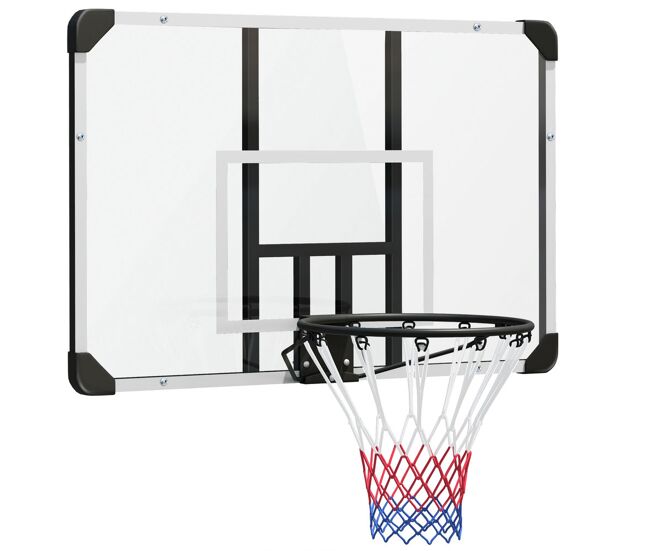 Sportnow canasta de baloncesto de pared, tablero de baloncesto con red y marco de acero, para interior y exterior, 113x61x73 cm, blanco y negro