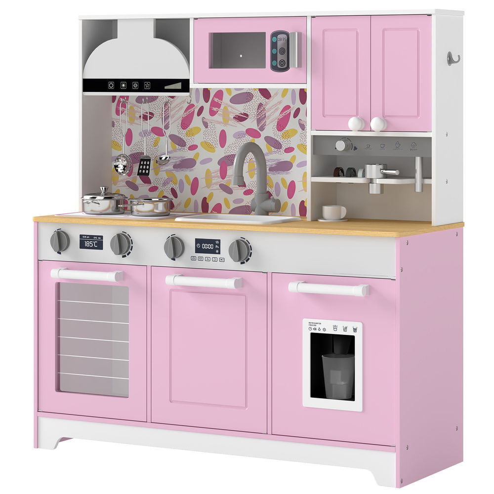Aiyaplay cocina de juguete de madera cocinita infantil con cafetera máquina de hielo accesorios de acero inoxidable fregadero fogones microondas horno mandos con clic para niños de 3-8 años rosa