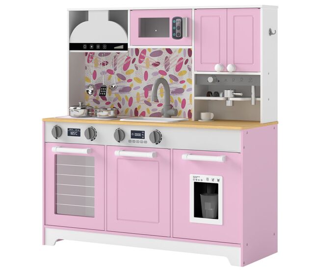 Aiyaplay cocina de juguete de madera cocinita infantil con cafetera máquina de hielo accesorios de acero inoxidable fregadero fogones microondas horno mandos con clic para niños de 3-8 años rosa