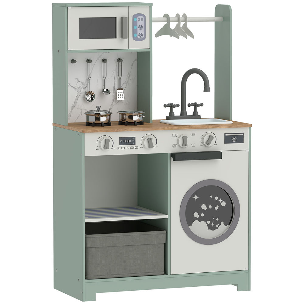 Aiyaplay cocina de juguete de madera cocinita infantil con lavandería máquina de hielo cajón de tela perchas 5 accesorios de acero inoxidable fregadero microondas mandos con clic niños 3-6 años verde